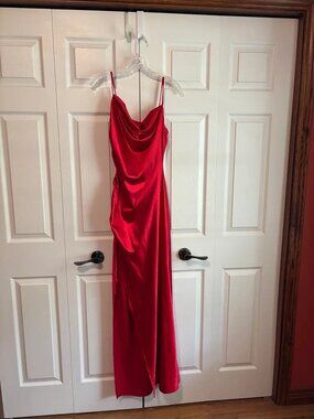 floor-length red satin dress